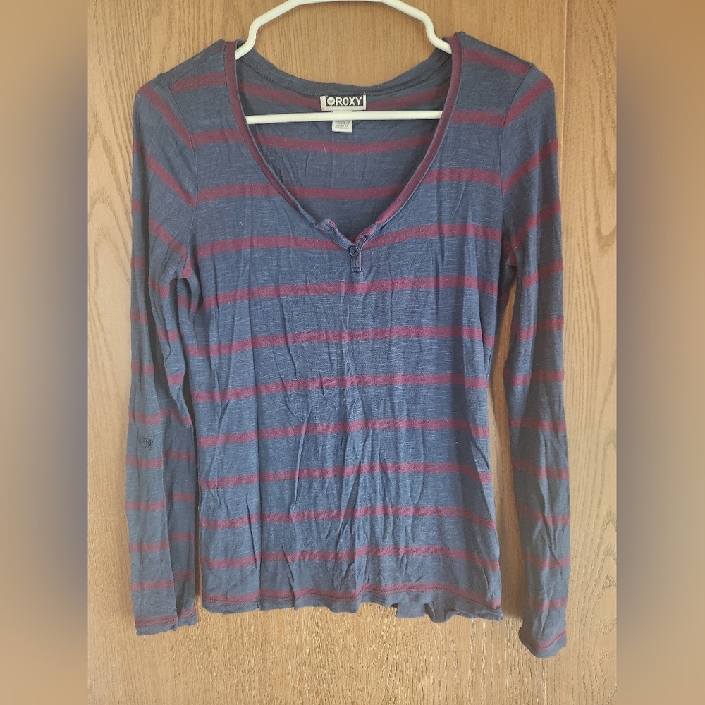 Roxy Blue and Red Striped Long Sleeve Top